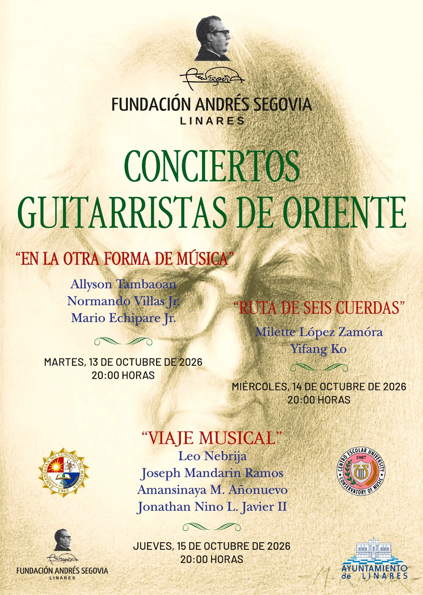 Cartel del ciclo Conciertos Guitarristas de Oriente 2026 en la Fundación Andrés Segovia de Linares
