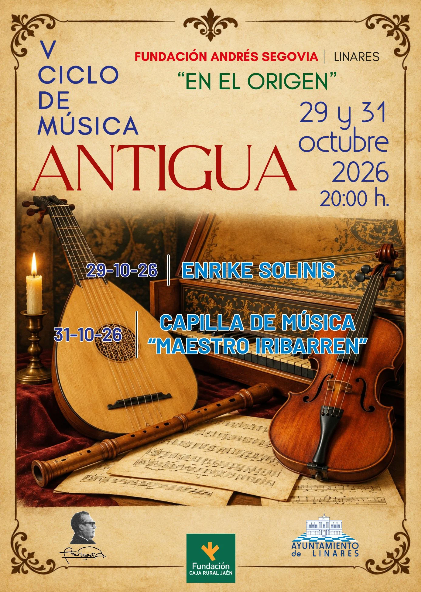 Cartel del V Ciclo de Música Antigua «En el origen» 2026 en la Fundación Andrés Segovia de Linares