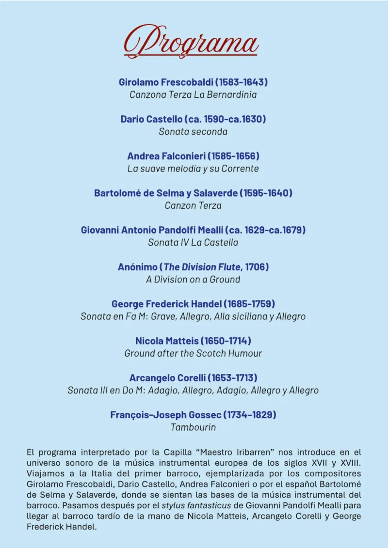 Programa de mano, interior (derecha) – V Ciclo de Música Antigua, Capilla de Música Maestro Iribarren, 31 de octubre de 2026