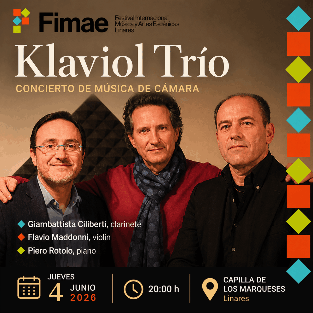 Klaviol Trío en concierto FIMAE Linares 2026 en la Capilla de los Marqueses