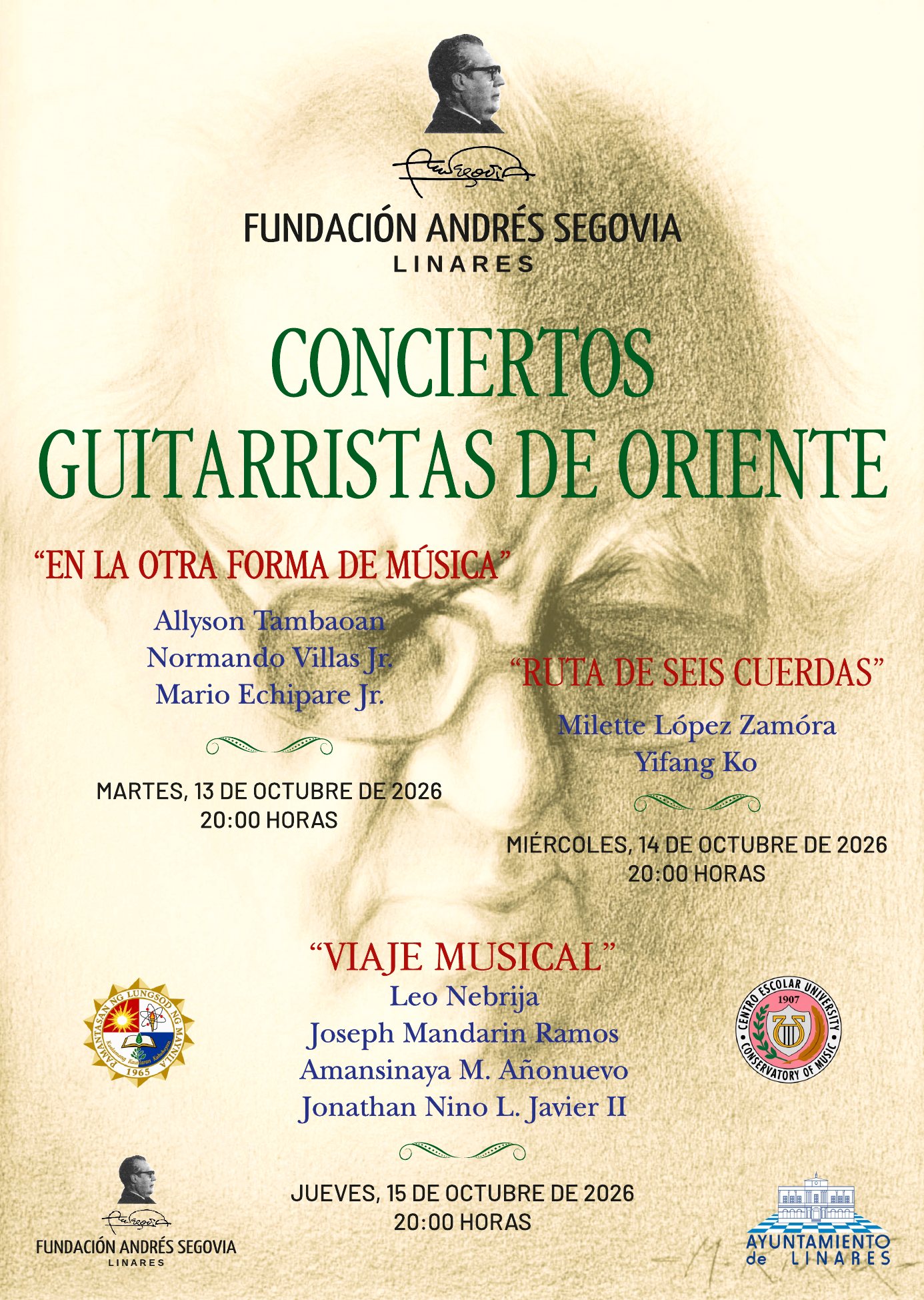 Cartel del ciclo Conciertos Guitarristas de Oriente 2026 en la Fundación Andrés Segovia de Linares