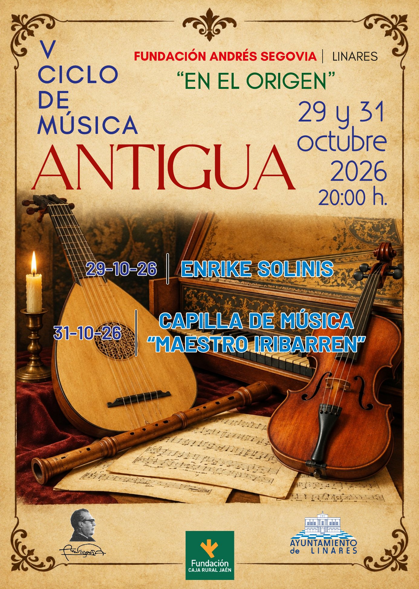 Cartel del V Ciclo de Música Antigua «En el origen» 2026 en la Fundación Andrés Segovia de Linares