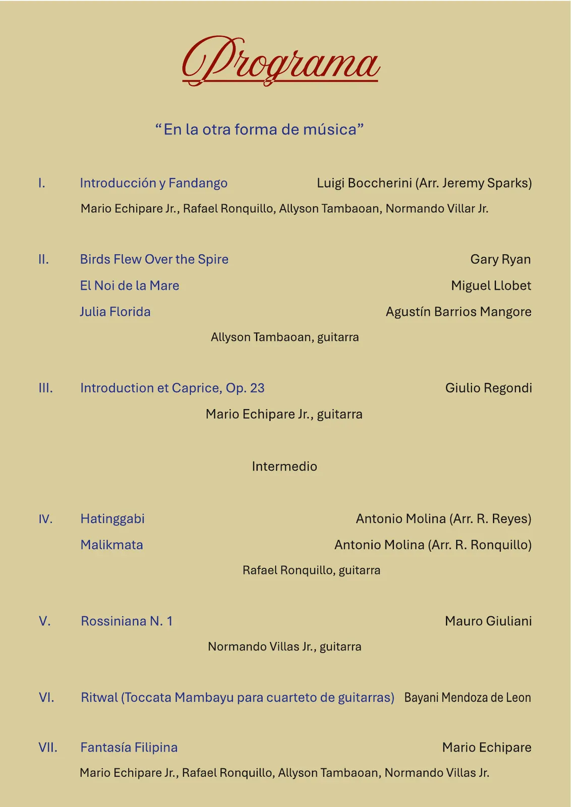 Programa de mano, interior (derecha) – Guitarristas de Oriente, «En la otra forma de música», 13 de octubre de 2026