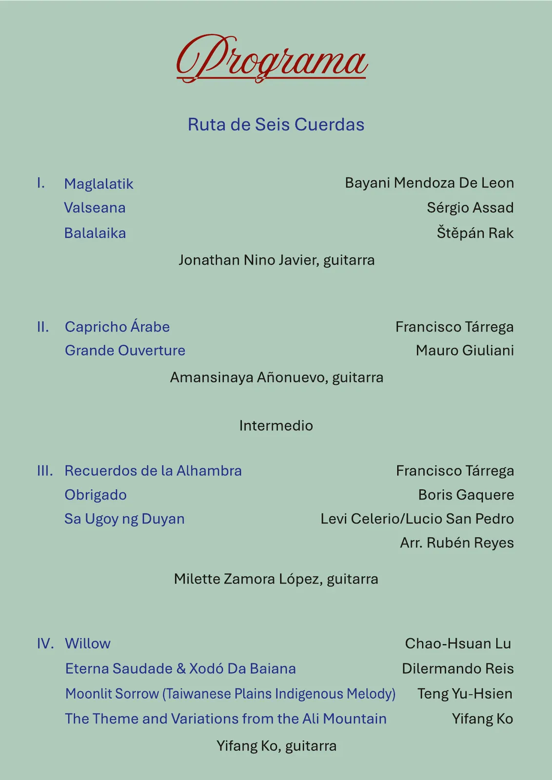 Programa de mano, interior (derecha) – Guitarristas de Oriente, «Ruta de seis cuerdas», 14 de octubre de 2026