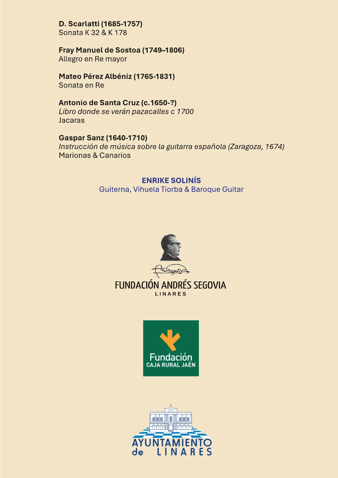 Programa de mano, contraportada – V Ciclo de Música Antigua, Enrike Solinís, 29 de octubre de 2026